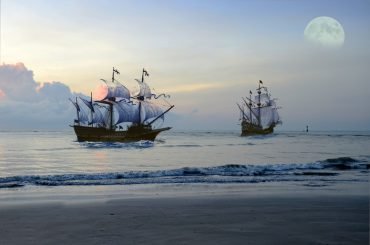 pirate ship, sea, moon