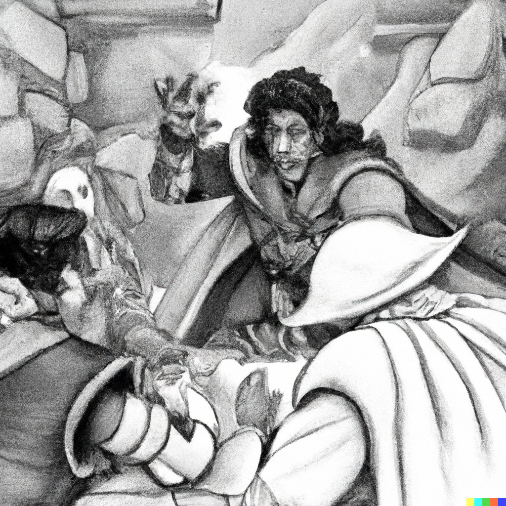 Unlock Your Adventure: Free Tavern Description and NPCs with Backstories 9 DALL·E 2022 12 14 12.24.18 paint 3 guards breaking up a fight in a DD tavern in the style of Larry Elmore Unlock Your Adventure: Free Tavern Description and NPCs with Backstories